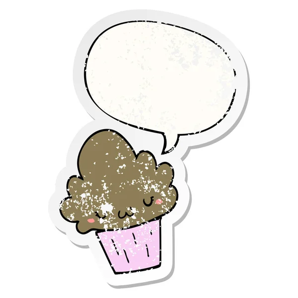 Cartoon cupcake en gezicht en toespraak bubble noodlijdende sticker — Stockvector