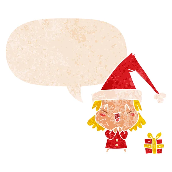 Fille de dessin animé portant chapeau de Noël et bulle de la parole dans rétro te — Image vectorielle