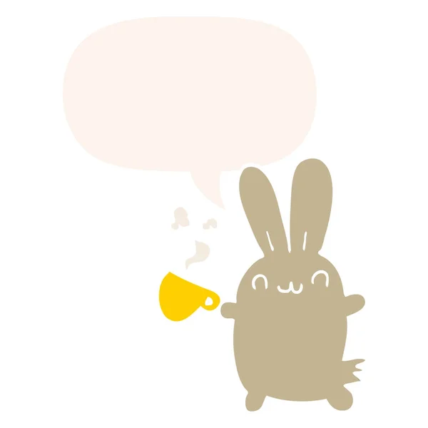Leuke cartoon konijn drinken koffie en toespraak bubble in retro s — Stockvector