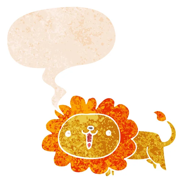Lindo león de dibujos animados y burbuja de habla en estilo retro texturizado — Vector de stock
