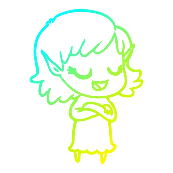 Linha gradiente frio desenho feliz desenho animado elfo menina — Vetor de Stock