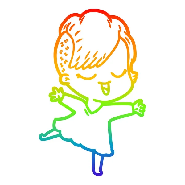 Rainbow gradient line drawing happy cartoon girl dancing — Stock Vector