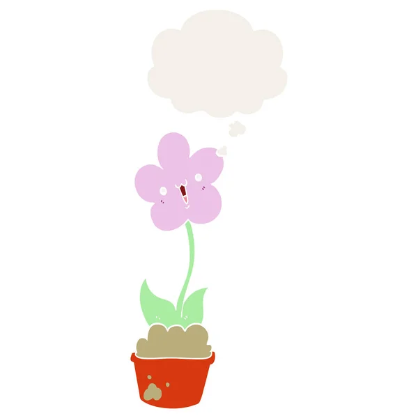 Fleur de dessin animé mignon et bulle de pensée dans le style rétro — Image vectorielle
