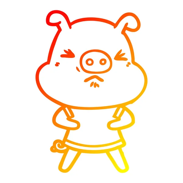 温暖的渐变线绘制卡通愤怒的猪穿T恤 — 图库矢量图片
