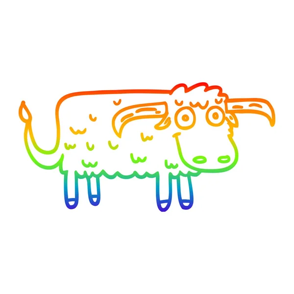 Szivárvány gradiens vonal rajz rajzfilm szőrös tehén — Stock Vector
