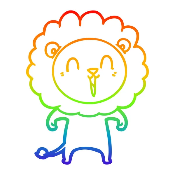 Rainbow gradient line drawing laughing lion cartoon — Stock Vector
