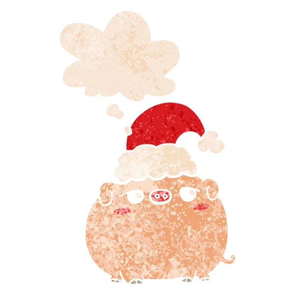 Cartoon-Schwein mit Weihnachtsmütze und Gedankenblase im Retro-Look — Stockvektor