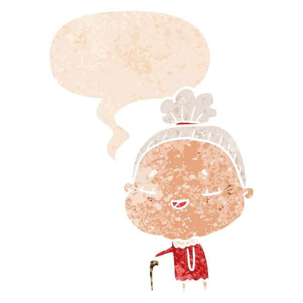 Retro dokulu tarzı karikatür yaşlı bayan ve konuşma balonu — Stok Vektör