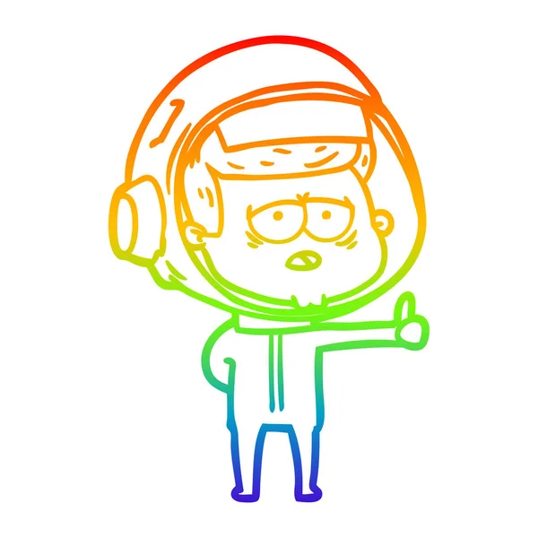 Línea de gradiente arco iris dibujo dibujos animados astronauta cansado — Vector de stock