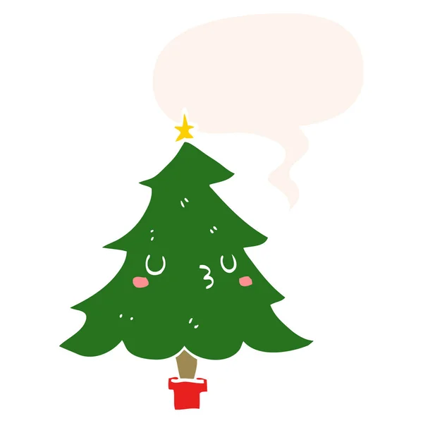 Lindo árbol de Navidad de dibujos animados y burbuja de habla en estilo retro — Archivo Imágenes Vectoriales