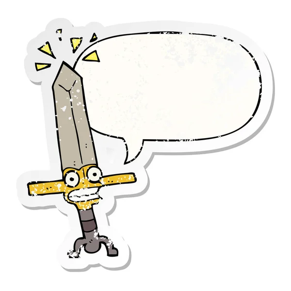 Karikatür sihirli kılıç ve konuşma balonu sıkıntılı etiket — Stok Vektör