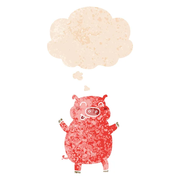 Kartun babi dan berpikir gelembung dalam gaya tekstur retro - Stok Vektor