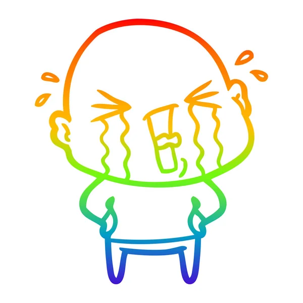 Regenbogen-Gradienten-Linie Zeichnung Karikatur weinender Mann mit Glatze — Stockvektor
