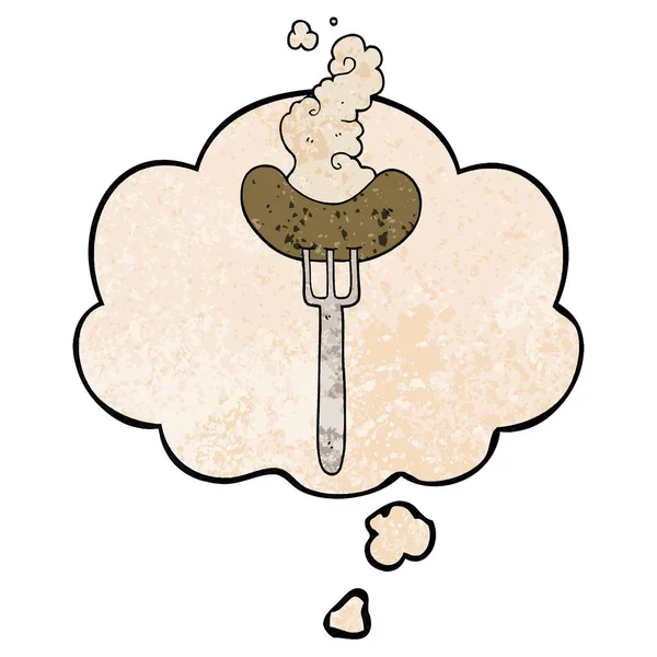 Saucisse de dessin animé sur fourchette et bulle de pensée dans la texture grunge pat — Image vectorielle