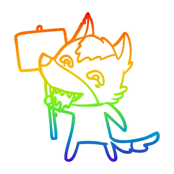 Regenboog gradiënt lijntekening cartoon hongerige Wolf met teken post — Stockvector