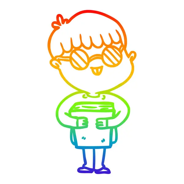 Arco iris gradiente línea dibujo dibujos animados chico usando gafas — Vector de stock