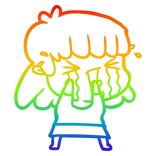 Rainbow Gradient Line Zeichnung Cartoon Frau in Tränen — Stockvektor
