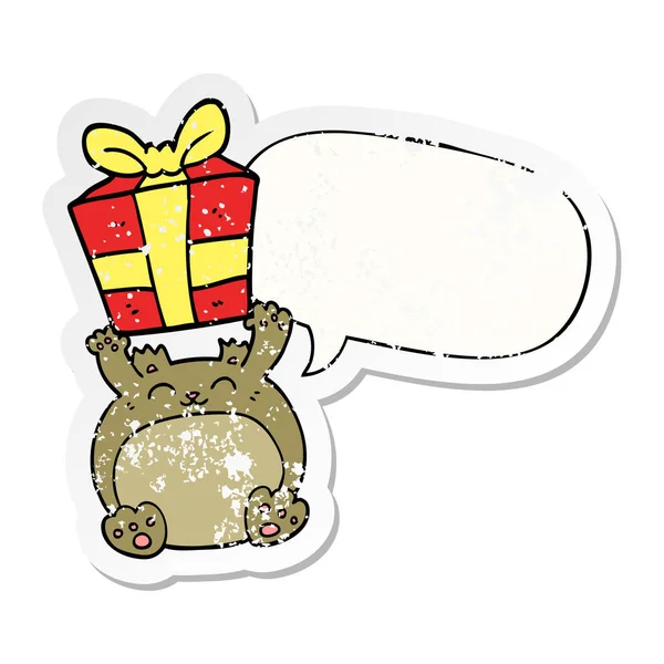 Sevimli karikatür noel ayı sıcayı ve konuşma balonu sıkıntılı etiket — Stok Vektör