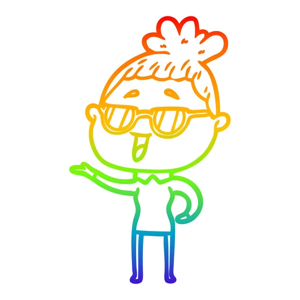 Linea gradiente arcobaleno disegno cartone animato felice donna indossa specta — Vettoriale Stock