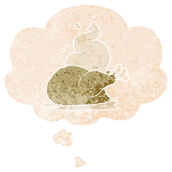 Dessin animé poulet cuit et bulle de pensée en styl texturé rétro — Image vectorielle