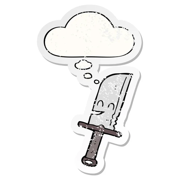 Kreslený nůž a bublina jako v tísni opotřebovaná nálepka — Stockový vektor