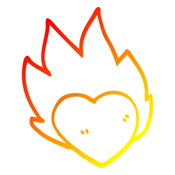 Warm gradient line drawing cartoon flaming heart — Stock Vector