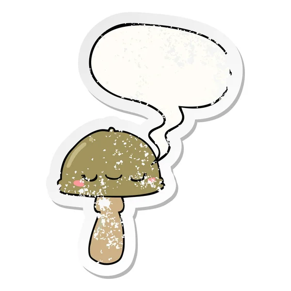 Cartoon paddestoel en toespraak bubble noodlijdende sticker — Stockvector