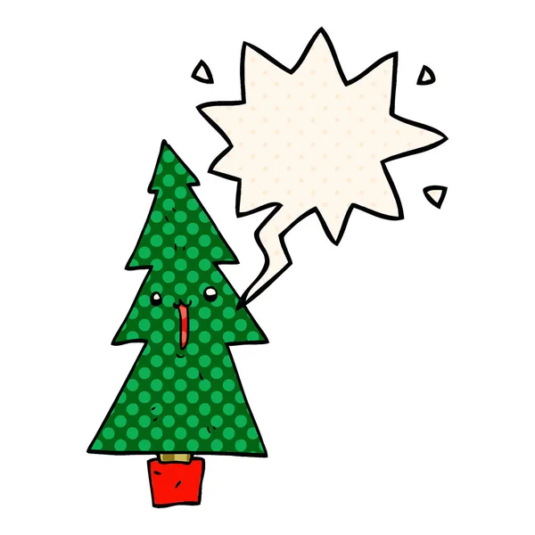 Árbol de Navidad de dibujos animados y burbuja del habla en estilo de cómic — Archivo Imágenes Vectoriales