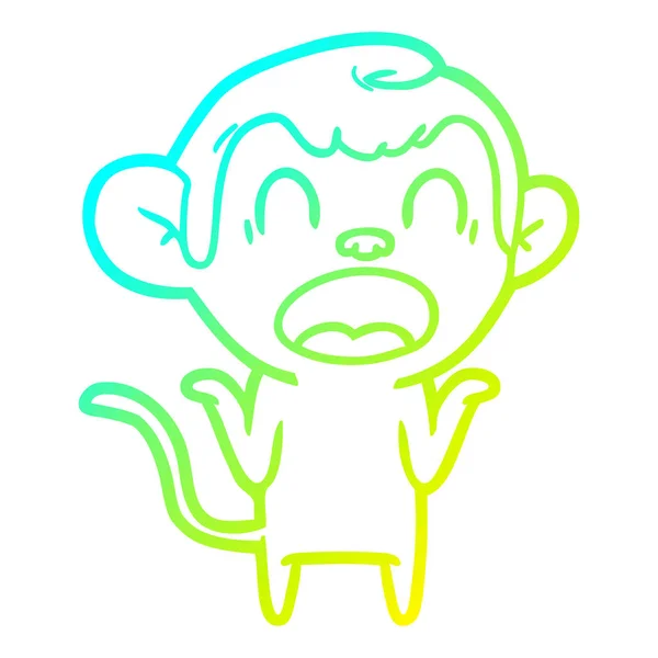 Línea de gradiente frío dibujo gritando dibujos animados mono encogiéndose de hombros sho — Vector de stock