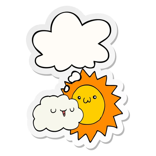 Мультяшное солнце и облако и мыслепузырь как наклейка — стоковый вектор