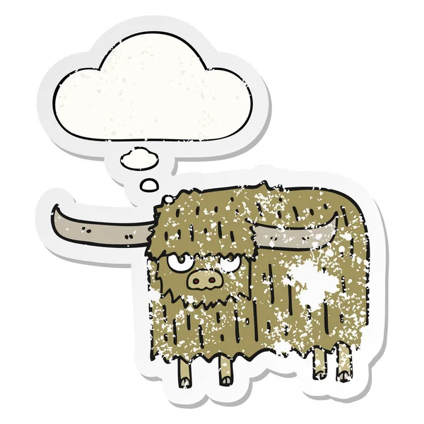 卡通毛茸茸的牛和思想泡沫作为一个苦恼的磨损的粘棒 — 图库矢量图片