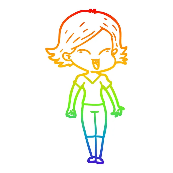 Rainbow gradient linje ritning lycklig tecknad tjej — Stock vektor