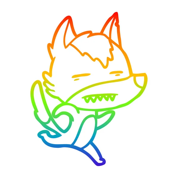 Rainbow gradient ligne dessin dessin animé loup courir montrant dents — Image vectorielle