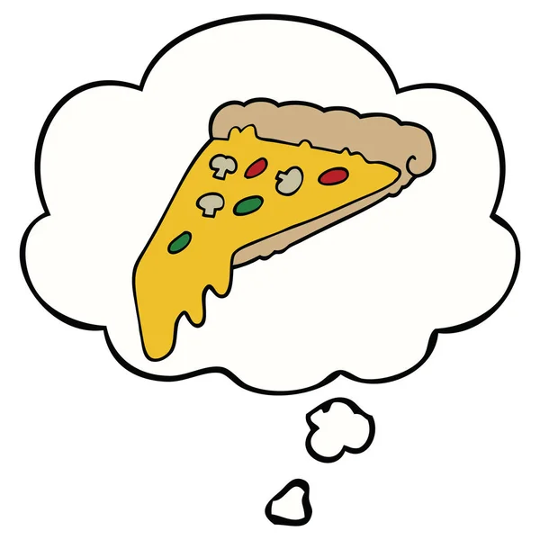 Cartoon pizza slice en gedachte Bubble — Stockvector