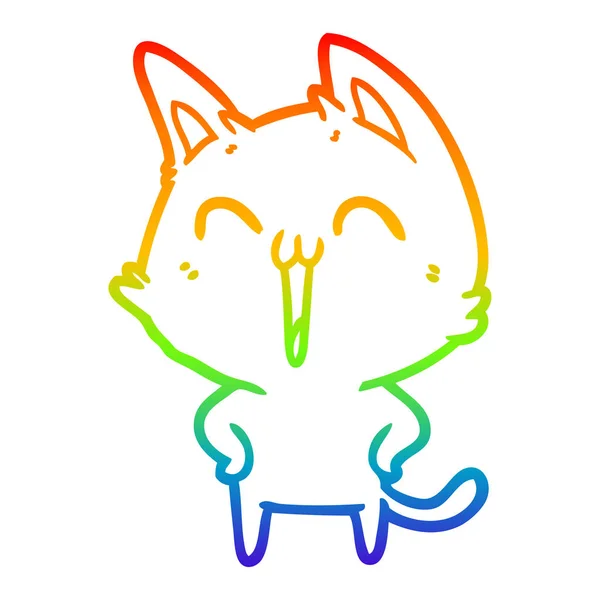 Rainbow gradient line drawing happy cartoon cat meowing — Stock Vector