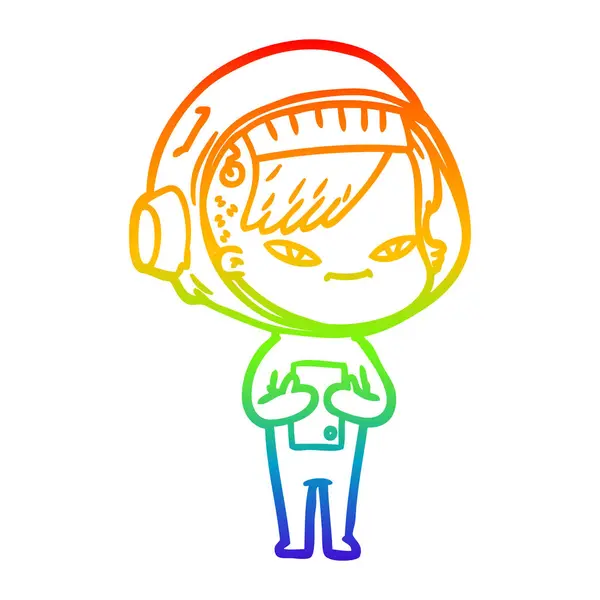 Rainbow gradient line drawing cartoon astronaut woman — Stock Vector