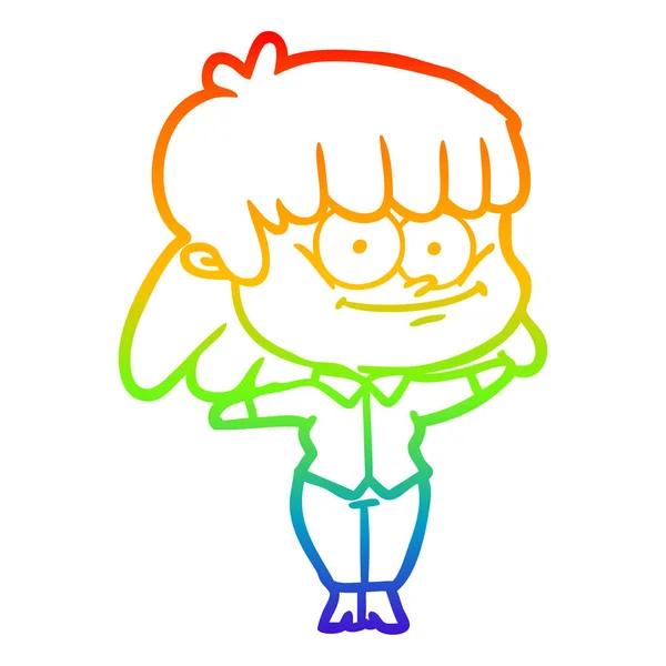 Rainbow gradient line drawing cartoon girl smiling — Stock Vector