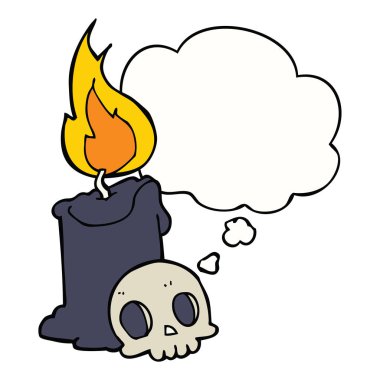 karikatür kafatası ve mum ve düşünce balonu