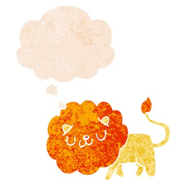 Retro dokulu tarzı karikatür aslan ve düşünce kabarcık