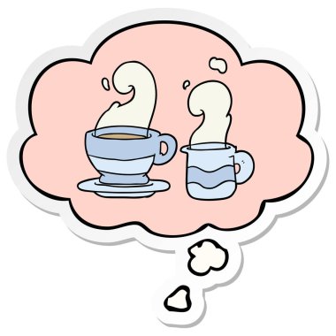 bir baskılı etiket olarak kahve karikatür fincan ve düşünce balonu