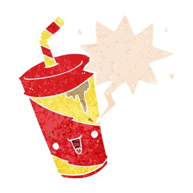 retro dokulu tarzda sevimli karikatür soda ve konuşma balonu