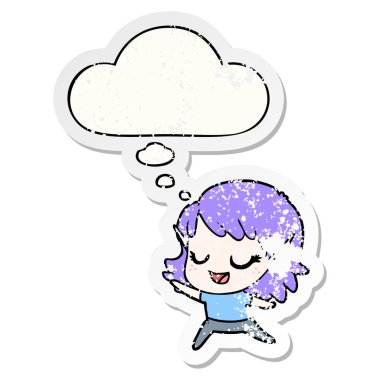 karton mutlu elf kız dans ve sıkıntılı olarak kabarcık düşündüm