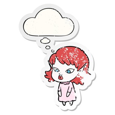 sivri kulakları ve bir distre olarak kabarcık düşünce ile karikatür elf kız