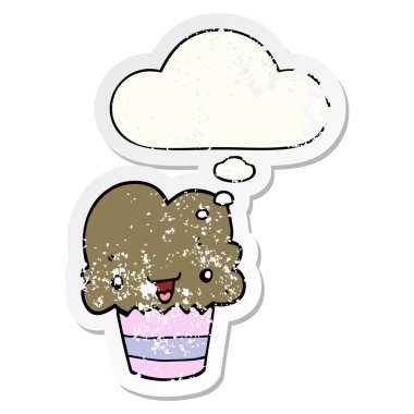 sıkıntılı bir wor olarak yüz ve düşünce balonu ile karikatür cupcake