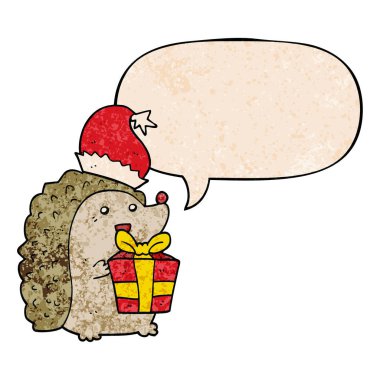 retr noel şapkası ve konuşma balonu giyen karikatür kirpi