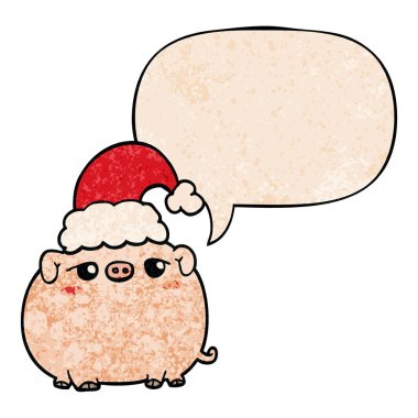 retro tex noel şapka ve konuşma balonu giyen karikatür domuz