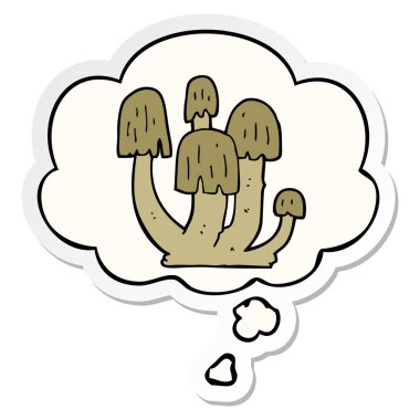 karikatür mantar ve baskılı bir etiket olarak düşünce balonu