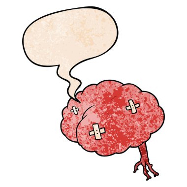 retro doku tarzında karikatür yaralı beyin ve konuşma balonu