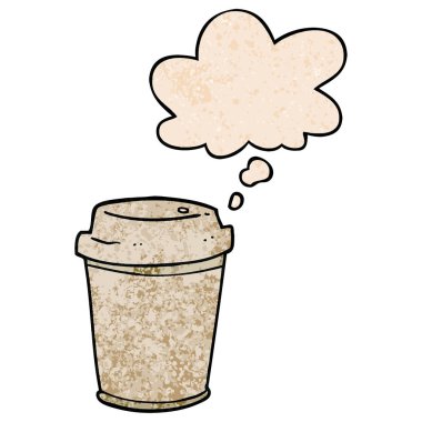 karikatür paket kahve fincanı ve grunge doku düşünce balonu 