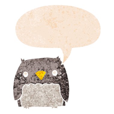 retro dokulu tarzı sevimli karikatür baykuş ve konuşma balonu